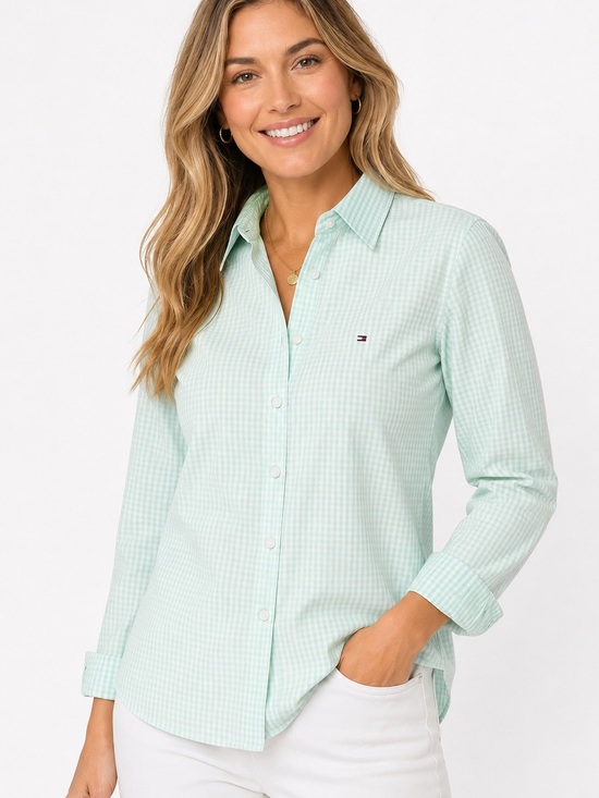 Tommy Hilfiger Tops - Tommy Hilfiger Mint Gingham Button Down Shirt Cotton Long Sleeve Women’s M